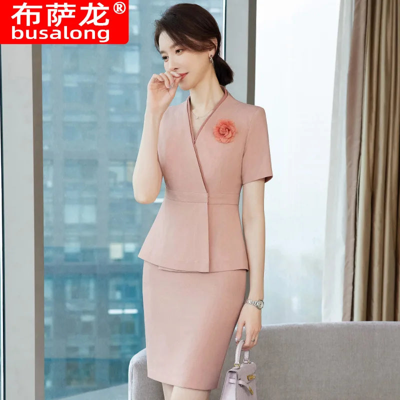 Professional Outfit Elegant Goddess Style Summer Hotel Front Desk Uniform Sales Office Suit Women Short Sleeve Jewelry Store Wor