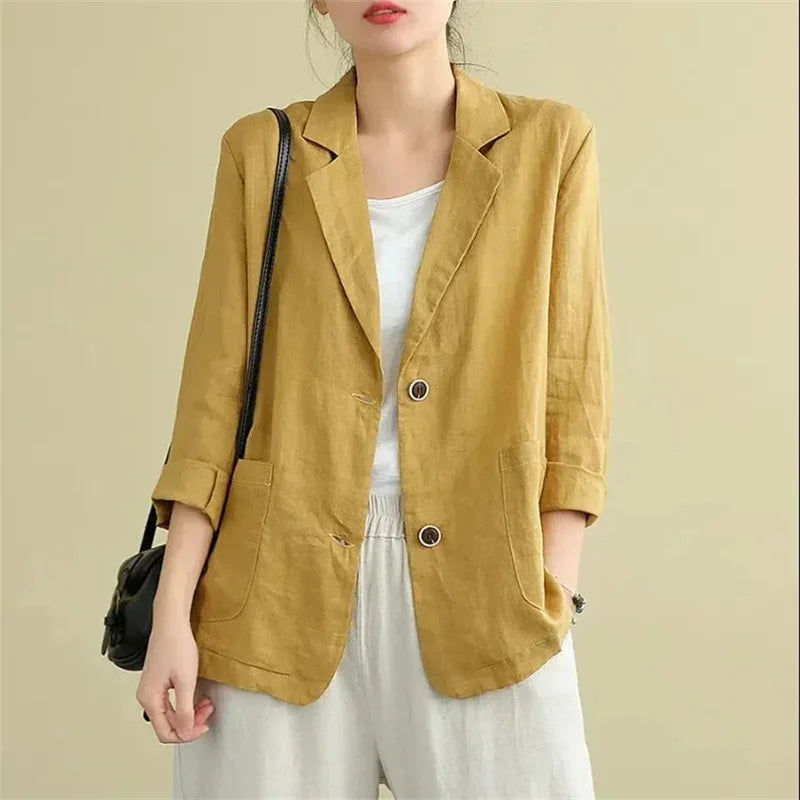2025 NEW Summer Women Leisure Thin Blazer Jacket Korean Loose Solid Color Cotton Linen Small Suits Coat Female Casual Blazers