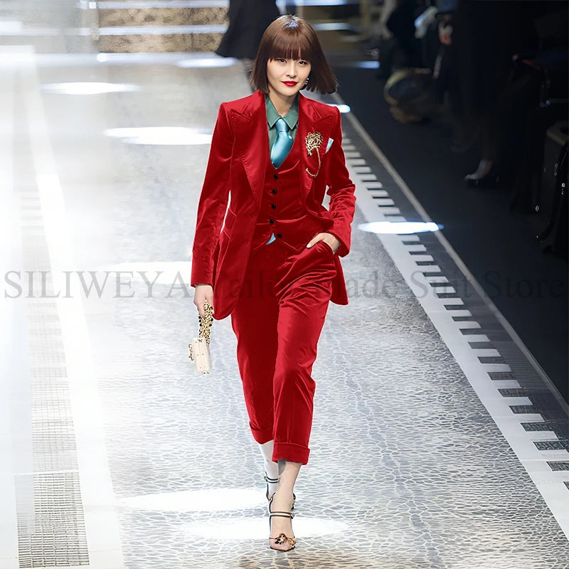 Luxury Green Velvet Winter Clothes for Women 3 Pieces Jacket Pants Vest Female Suits Formal Office Banquet Lady's Blazers Sets