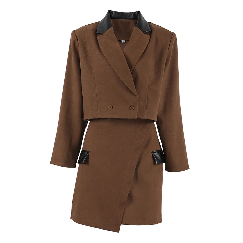 Fashion Solid Women's Two Piece Suit Turn-down Collar Full Sleeve Top A-line Hip Package Short Skirt 2025 Lady Commute Outfit