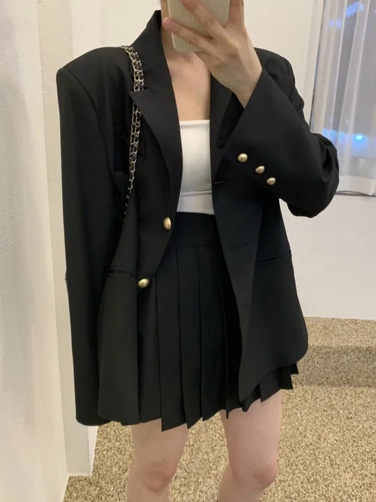 Fashion Women Vintage Chic Blazer Two Pieces Set Casual Loose Jackets Coat Mini Skirts Suit Female Elegant Korean Formal Outfit