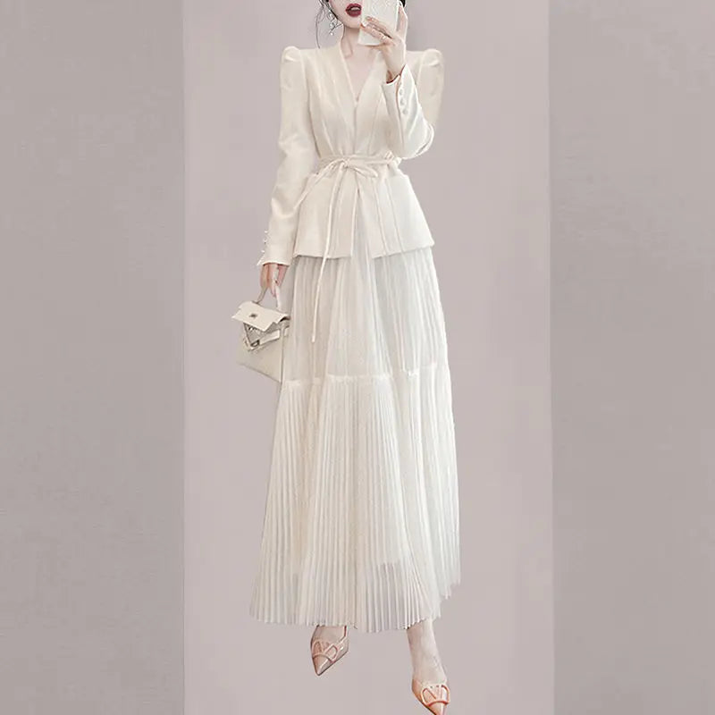 Korean Style Lace Up Jacket Blazer Ruffled Ruffle Skirt Two Piece Elegant Women's Dress Set Office Outfits