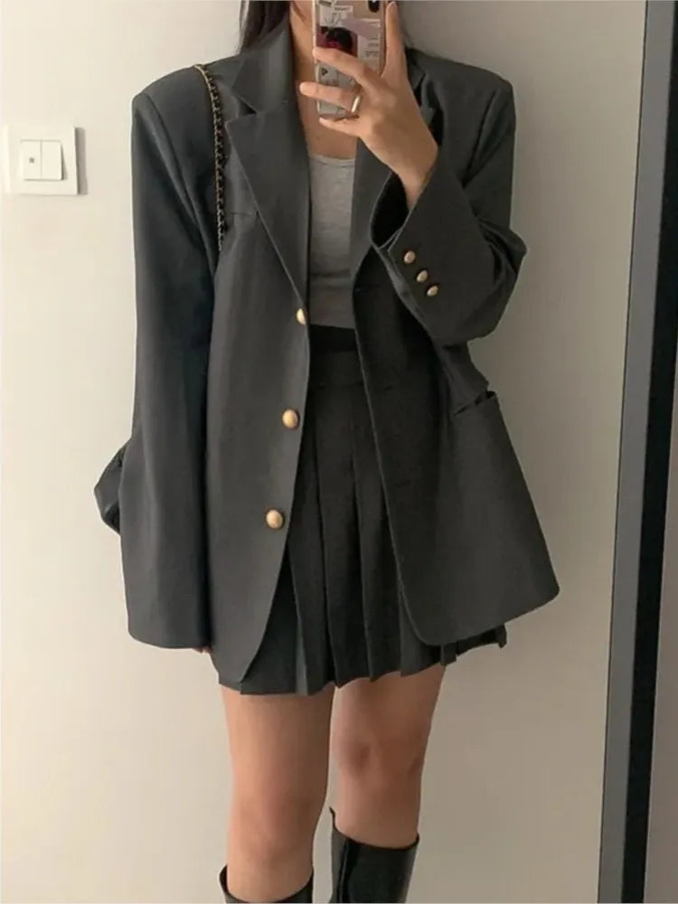 Fashion Women Vintage Chic Blazer Two Pieces Set Casual Loose Jackets Coat Mini Skirts Suit Female Elegant Korean Formal Outfit