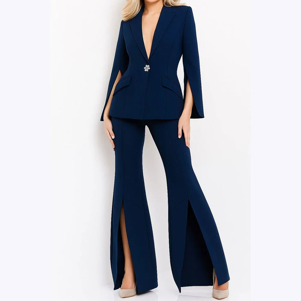 Solid Color Women's Suits Single Button Straight Elegant Outfits Peak Lapel Split Fashion Casual Female Suit Daily Office Set