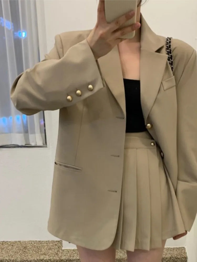 Fashion Women Vintage Chic Blazer Two Pieces Set Casual Loose Jackets Coat Mini Skirts Suit Female Elegant Korean Formal Outfit
