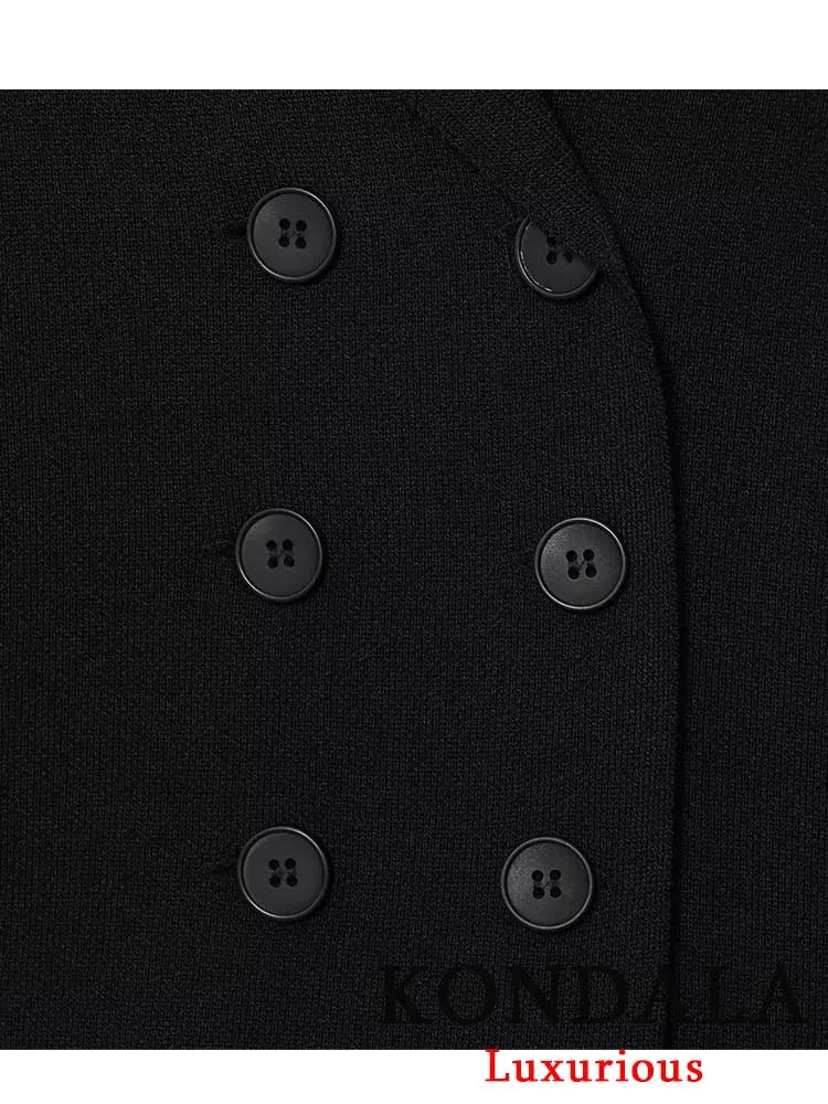 KONDALA Vintage Office Lady Black Solid Suit Notched Double Breasted Blazer Long Straight Skirt Fashion 2025 Autumn Female Sets