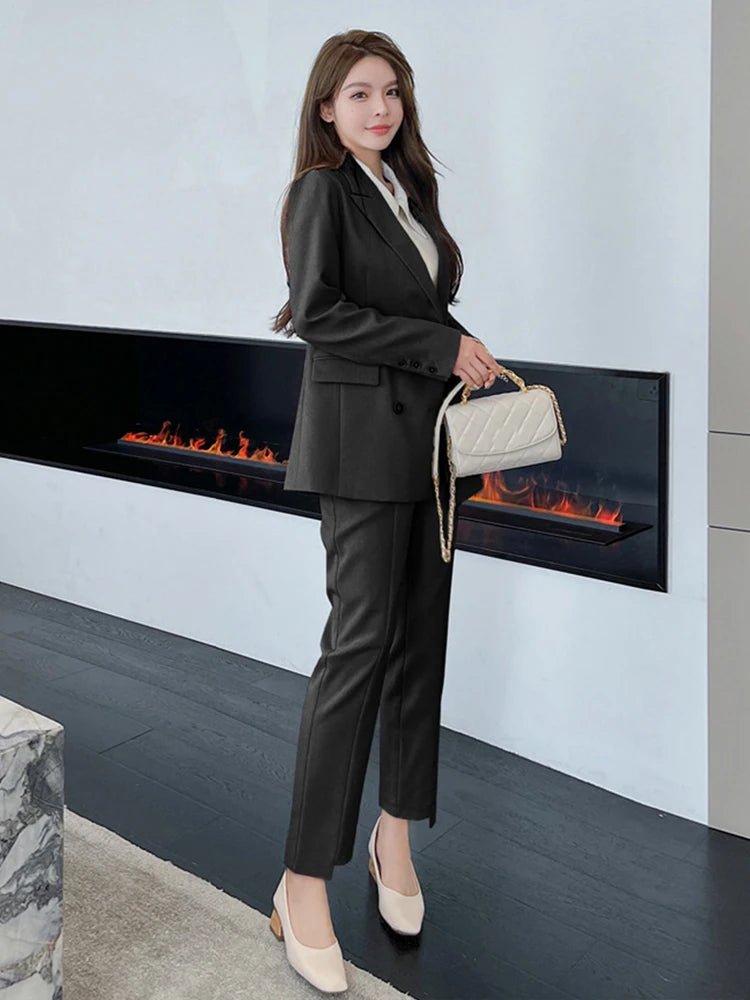 Fashion Spring Autumn Formal 2 Piece Outfit Suits Women Ladies Clothes Commute Casual Solid Tops Coat Blazer Suit Long Pants Set