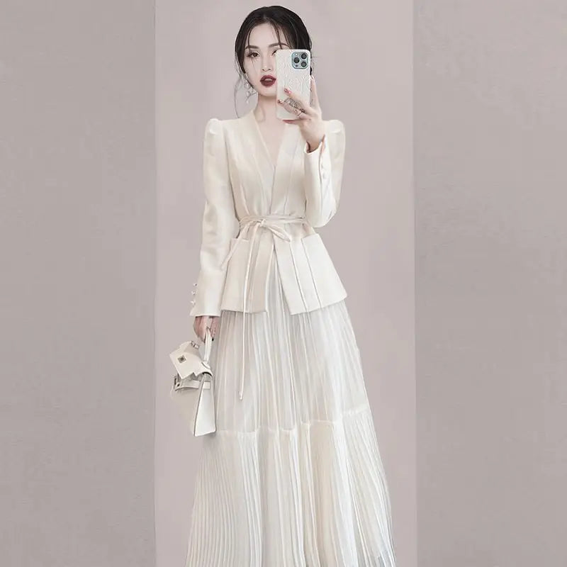 Korean Style Lace Up Jacket Blazer Ruffled Ruffle Skirt Two Piece Elegant Women's Dress Set Office Outfits