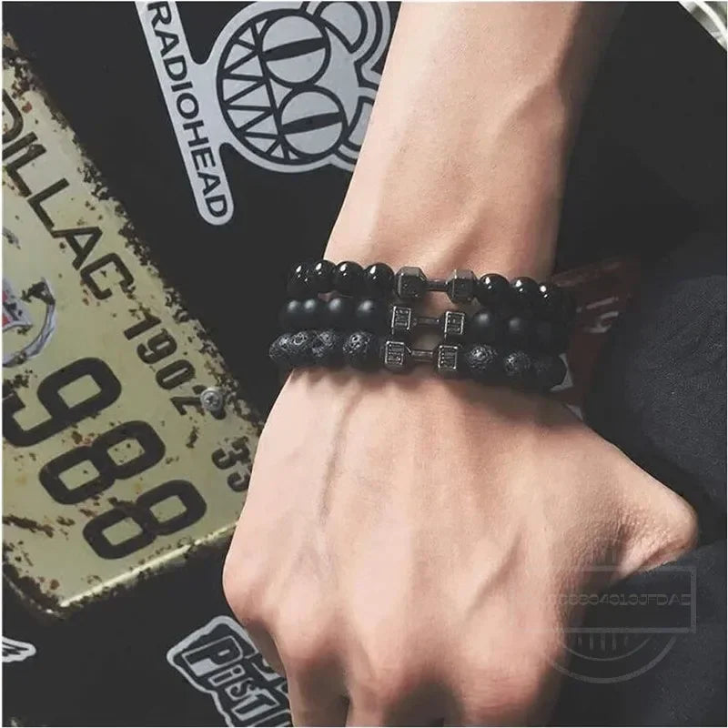 High Quality Men's Beaded Bracelet Natural Black Matte Agate Dumbbell Charm Bracelet Energy Fitness Barbell Fashion Jewelry