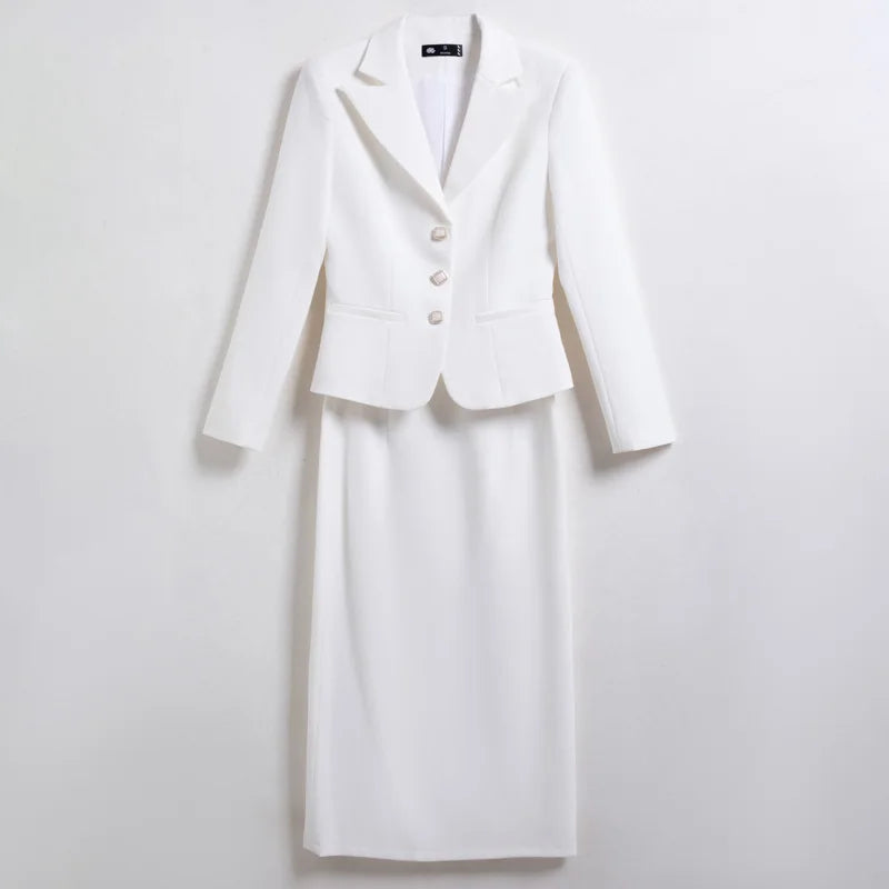 NAVIU Women Elegant Office Skirt Set Temperament Slim Fit Monochromatic Single Breasted Blazer Suits New Fashion Two Piece Set