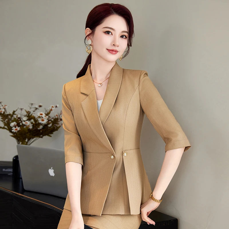 NAVIU Office Ladies Formal Skirt Suit 2 Piece Set Women Cyan Coffee Female Business Work Wear Blazer Jacket And Skirt