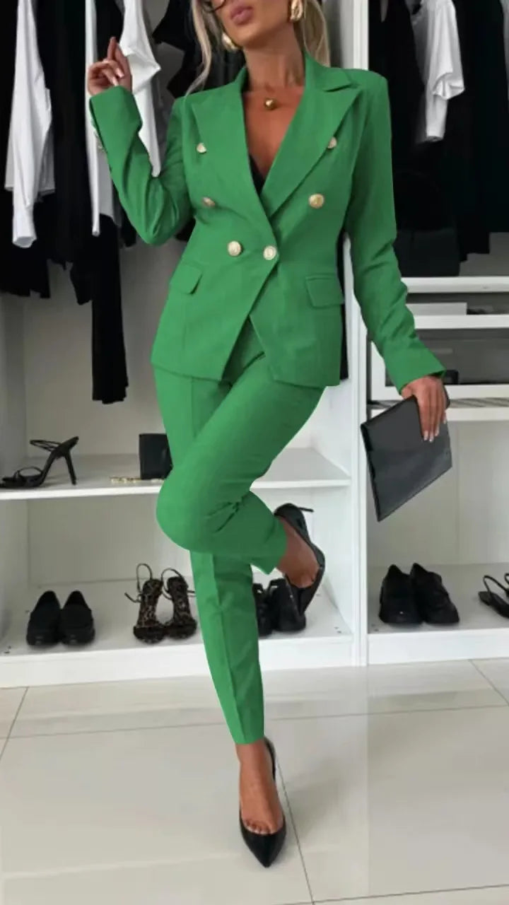 Office 2 Piece Sets Woman Spring Fall Fashion V-neck Long Sleeve Blazer Coat Elegant Trousers Set Slim Temperament Suit Outfit