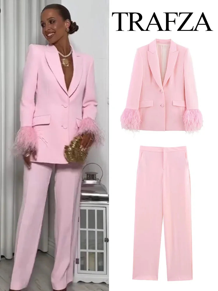TRAFZA Women Fashion Pink Sets Turn-Down Collar Long Sleeves Single-Breasted Feather Blazer+High Waist Pocket Zipper Long Pants