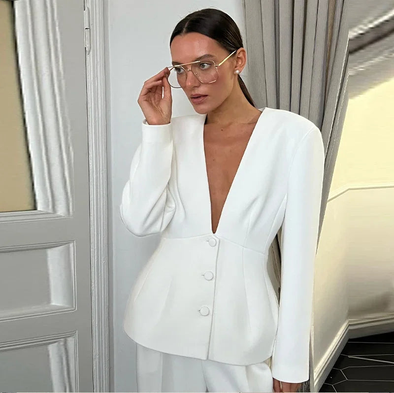 Women White 2 Pieces Set Deep V-neck Single Breasted Blazer Coat High Waist Pants Female Chic 2025 Spring Office Lady Outfits
