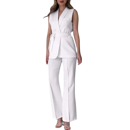 Chic Two-Piece Women's Set Button-Detail Vest with Lapel Neck & Tailored Trousers Versatile Outfit for Work and Sophisticated