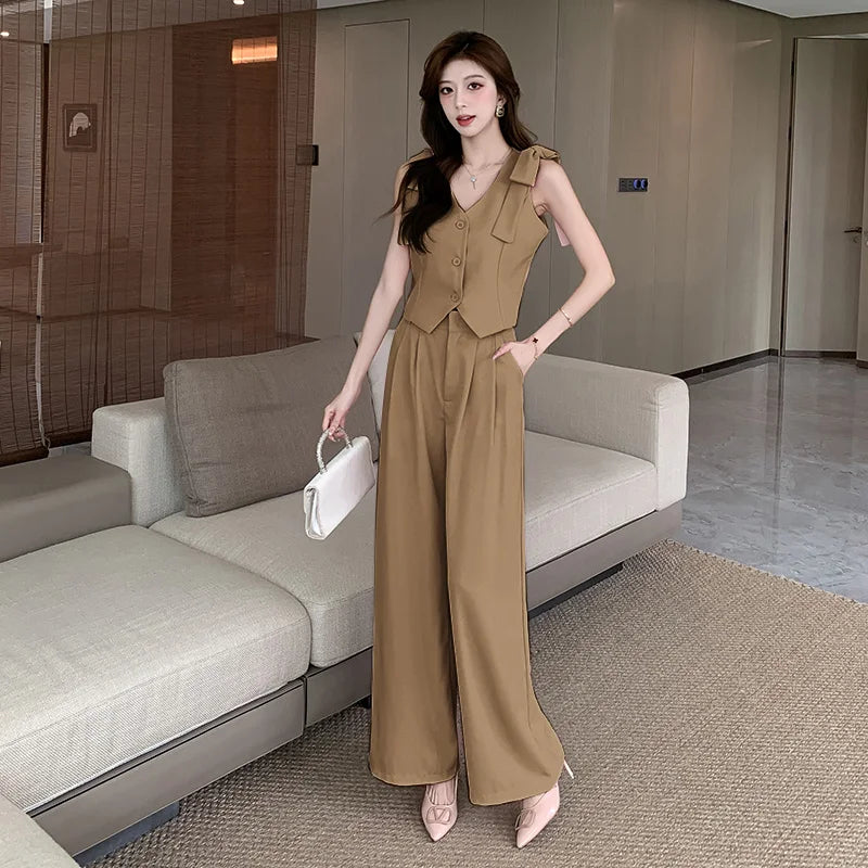Insozkdg Belt Decorative Sleeveless Bow Tie Tie Vest Casual Wide Leg Pants Two Piece Elegant Women Pant Suit Office Outfits Sets