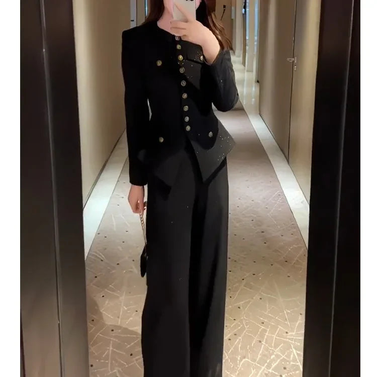 Autumn Women Clothing High End Temperament Black Slim Long Sleeve Top Wide Leg Pants Korean Fashion Two Piece Sets Women Outfits