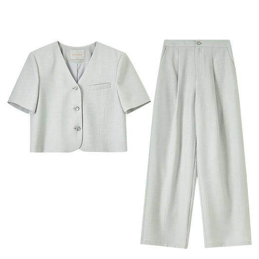 SENTUBILA 2025 Pant Sets 2 Pieces Set For Woman Pearl Metal Buckle Women's Summer Suit Wrinkle-Resistant Blazer Outfit 152ZA0061