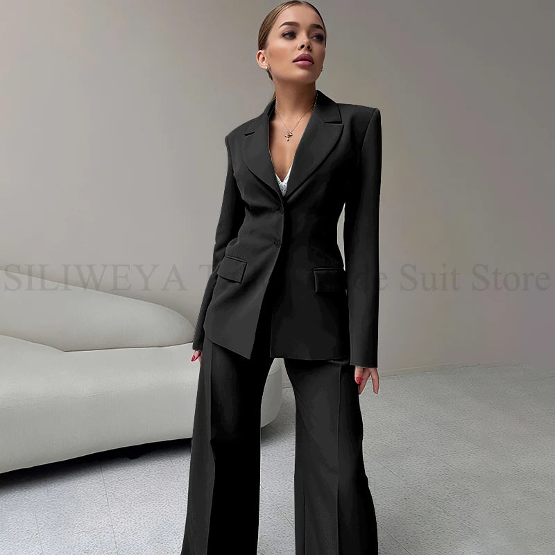 2024 Elegant Women Suit Two Piece Jacket Pants Single Breasted Female Clothing Slim Fit Formal Office Lady Wear Blazer Set