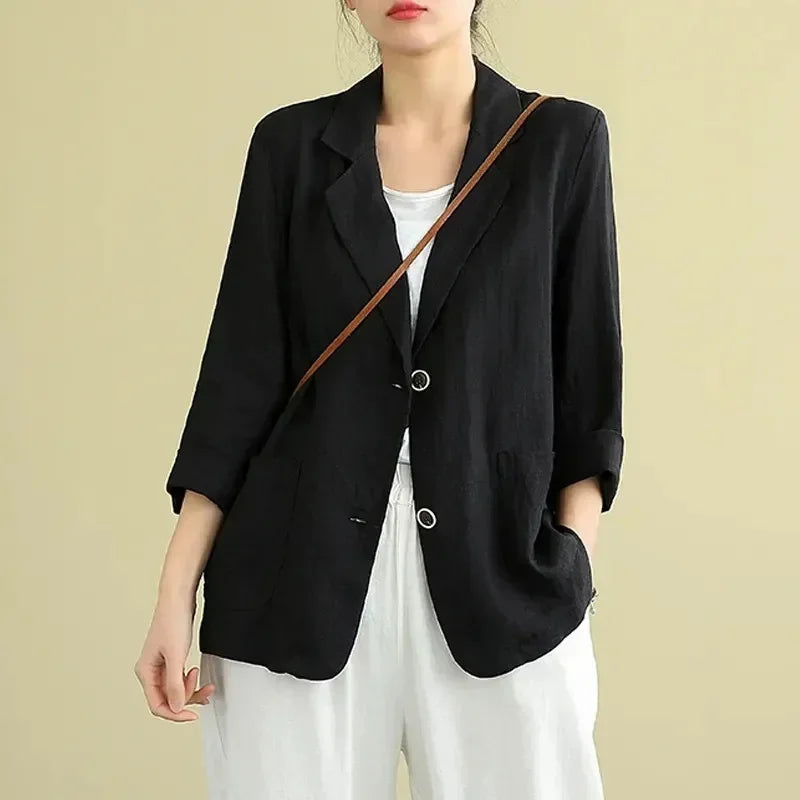2025 NEW Summer Women Leisure Thin Blazer Jacket Korean Loose Solid Color Cotton Linen Small Suits Coat Female Casual Blazers