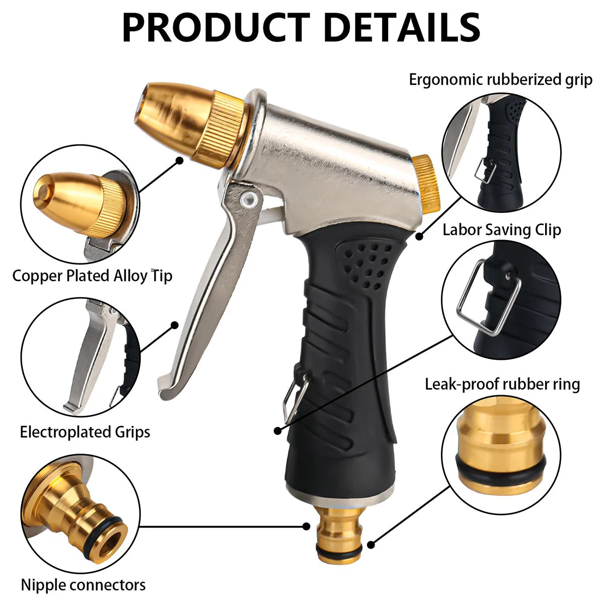 "Metal Nozzle Adjustable Garden Water Gun - Multi-Function Spray Gun for Plant Watering Car Washing Pet Shower Outdoor Cleaning