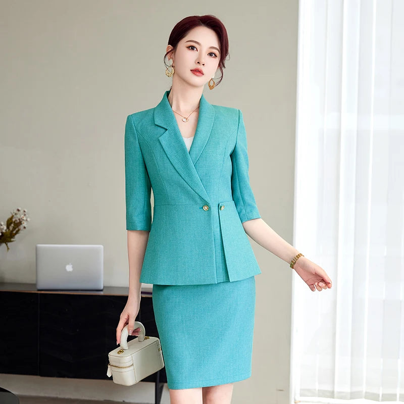NAVIU Office Ladies Formal Skirt Suit 2 Piece Set Women Cyan Coffee Female Business Work Wear Blazer Jacket And Skirt