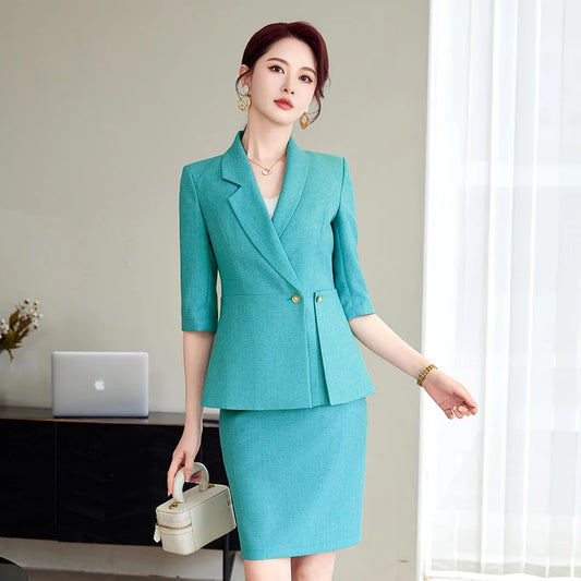 NAVIU Office Ladies Formal Skirt Suit 2 Piece Set Women Cyan Coffee Female Business Work Wear Blazer Jacket And Skirt