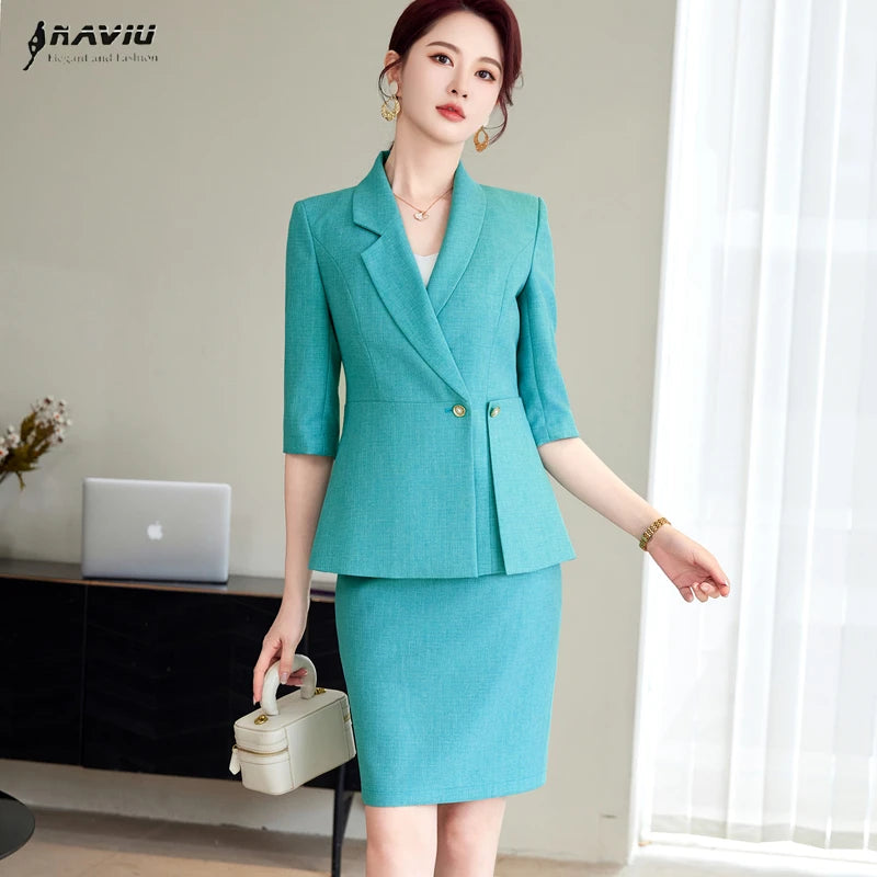 NAVIU Office Ladies Formal Skirt Suit 2 Piece Set Women Cyan Coffee Female Business Work Wear Blazer Jacket And Skirt