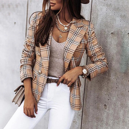 Plaid Blazer Jacket Women Spring Autumn Long Sleeve Casual Slim Blazers Khaki Woman Coats  Fall Elegant Office Suit Coat new