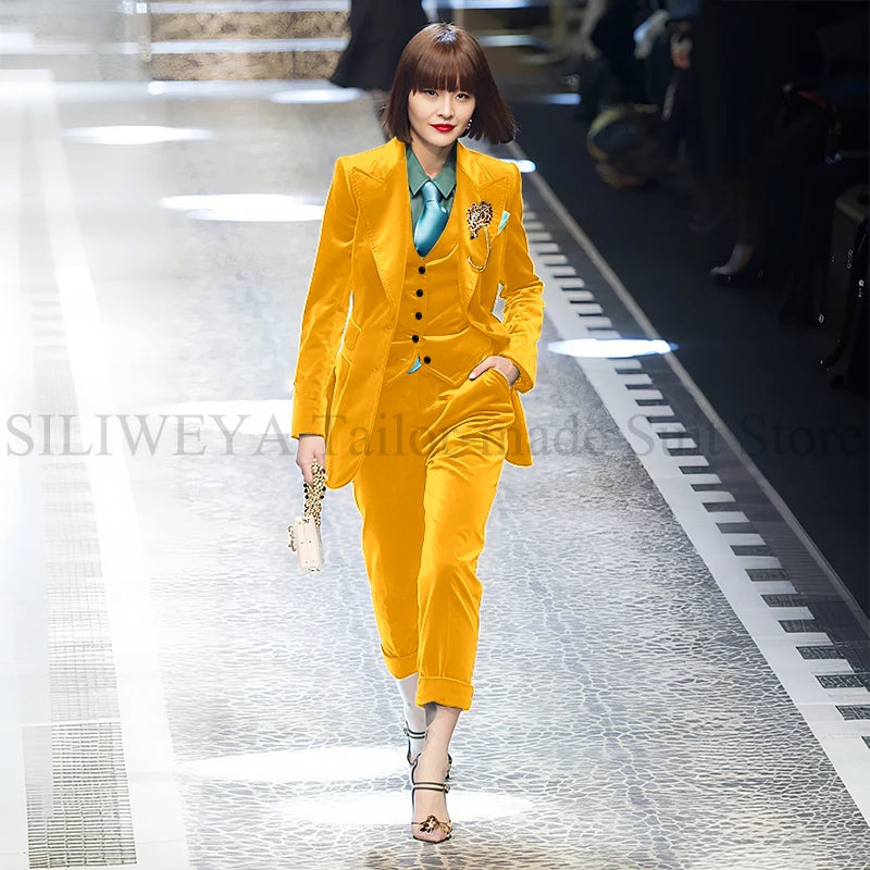 Luxury Green Velvet Winter Clothes for Women 3 Pieces Jacket Pants Vest Female Suits Formal Office Banquet Lady's Blazers Sets