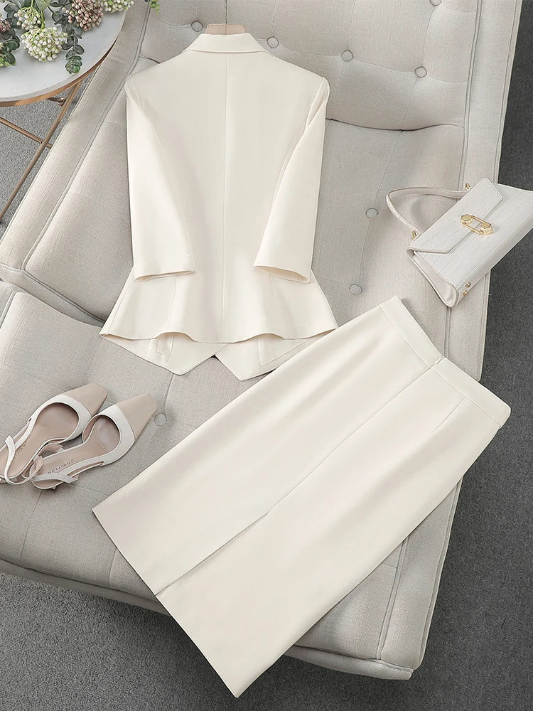 Fashion Women Formal Blazer Skirt Suit Ladies Blue Apricot Pink Female Two Piece Set For Spring Summer