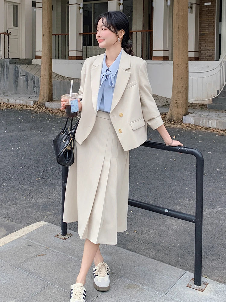 Women's Elegant Fashion Formal 2 Piece Outfit Professional Loose Tops Coat Blazer Pleated Skirt Suit Sets Casual Business Spring