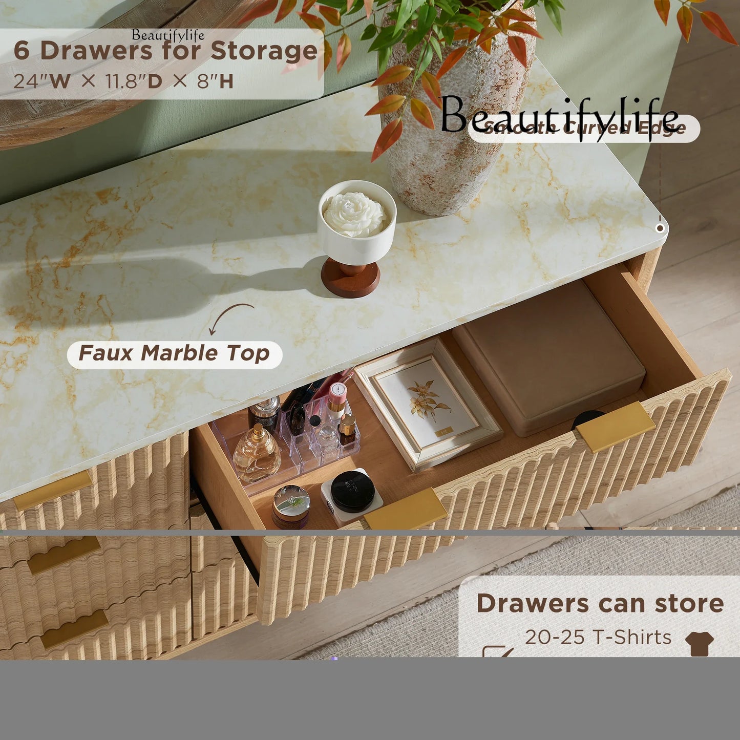 BJ Redlemon Fluted 6 Drawers Dresser, 54" Wide Modern Chest Of Drawers With Faux Marble Top