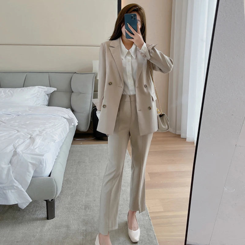 Fashion Spring Autumn Formal 2 Piece Outfit Suits Women Ladies Clothes Commute Casual Solid Tops Coat Blazer Suit Long Pants Set