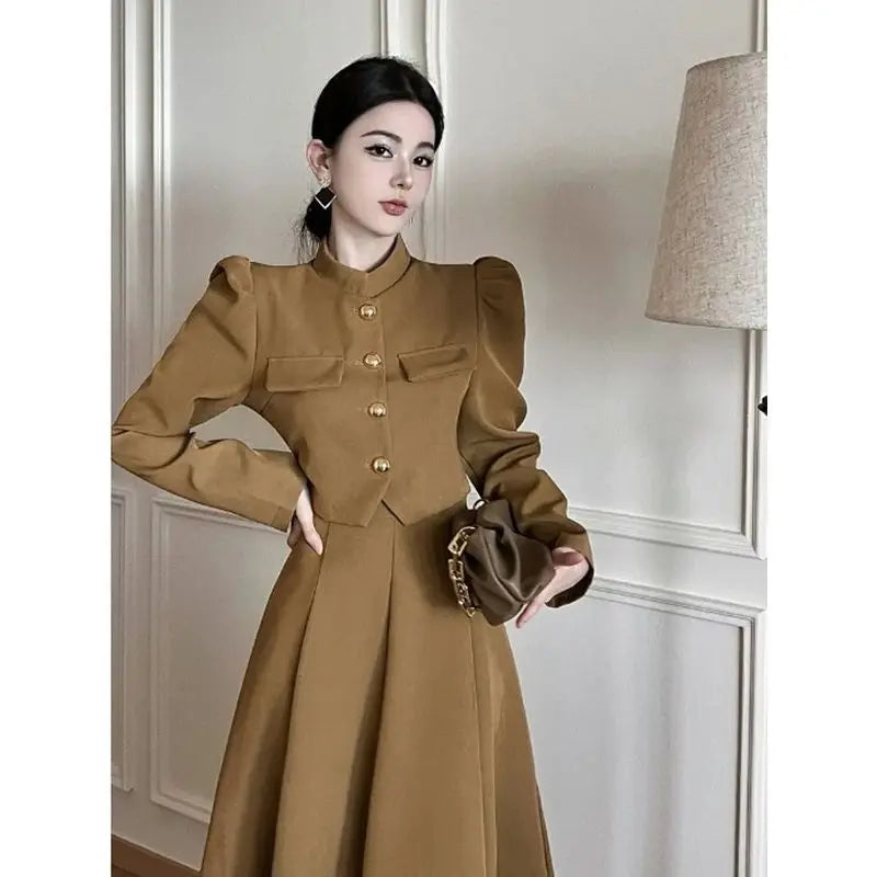Insozkdg Elegant Long Skirt Set Women Korean Fashion Vintage Office Lady Chic Formal Occasion Casual Slim Evening Two Piece Suit
