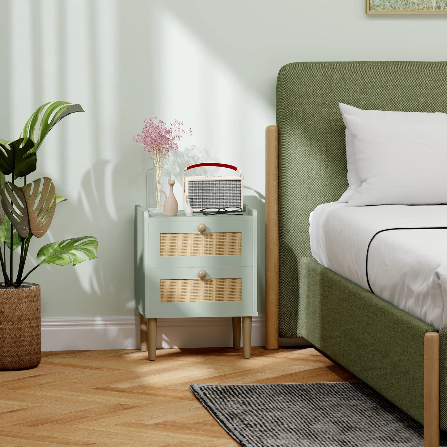 HOMCOM Boho Rattan Bedroom Chest of Drawers, 2 Drawer Dresser, Light Blue