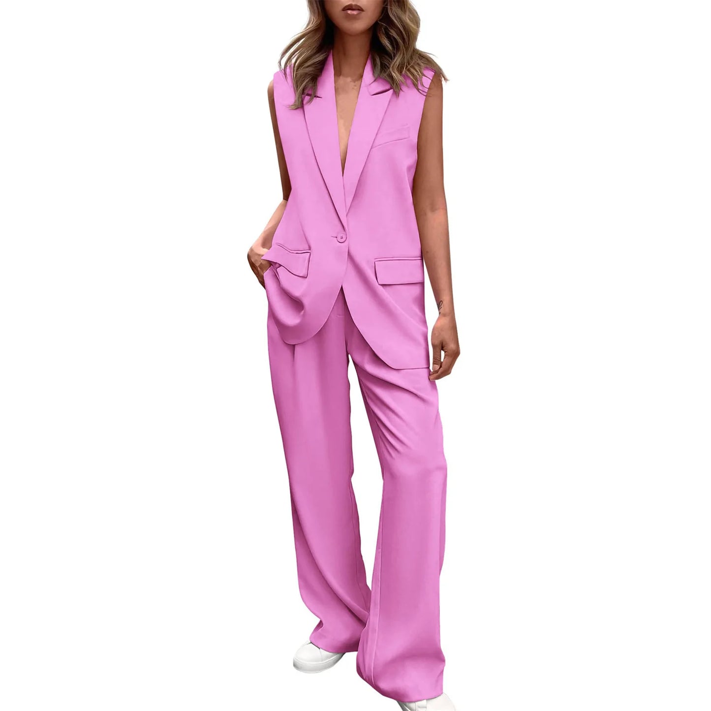 Elegant Women Suits 2pcs Set Vest Pants Sets Summer V-Neck Sleeveless Vest Tops + Wide Leg Pants Outfits for Female 2025 New