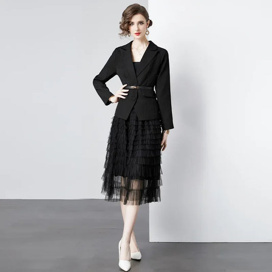 Pop 2024 Fashion Designer Suit Set Women's Notched Khaki Blazer Belt Jacket Coat + Midi Tulle Mesh Cake Skirt Two Piece Outfits