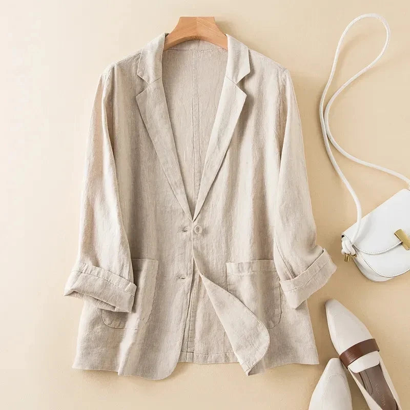 2025 NEW Summer Women Leisure Thin Blazer Jacket Korean Loose Solid Color Cotton Linen Small Suits Coat Female Casual Blazers