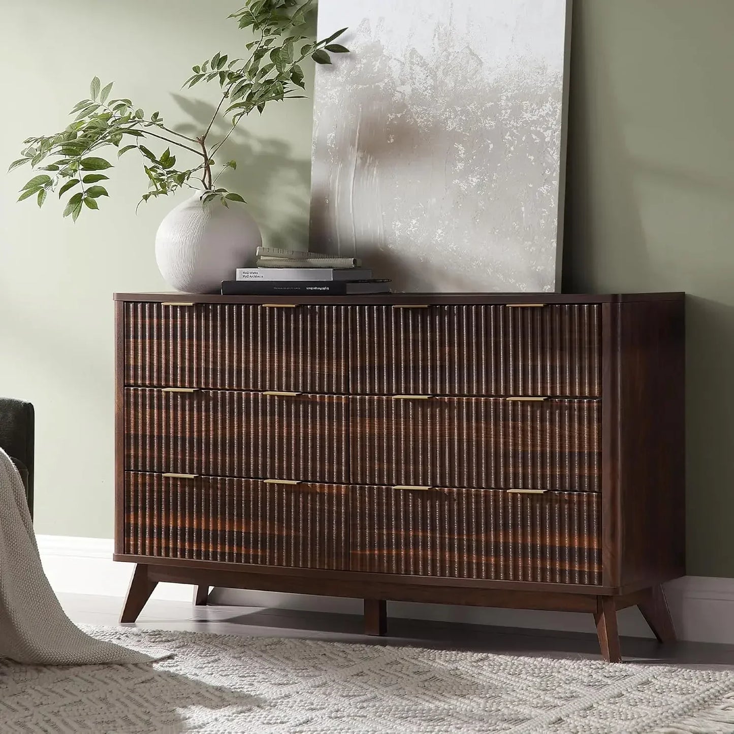 BJ Redlemon Fluted 6 Drawers Dresser, 54" Wide Modern Chest Of Drawers With Faux Marble Top