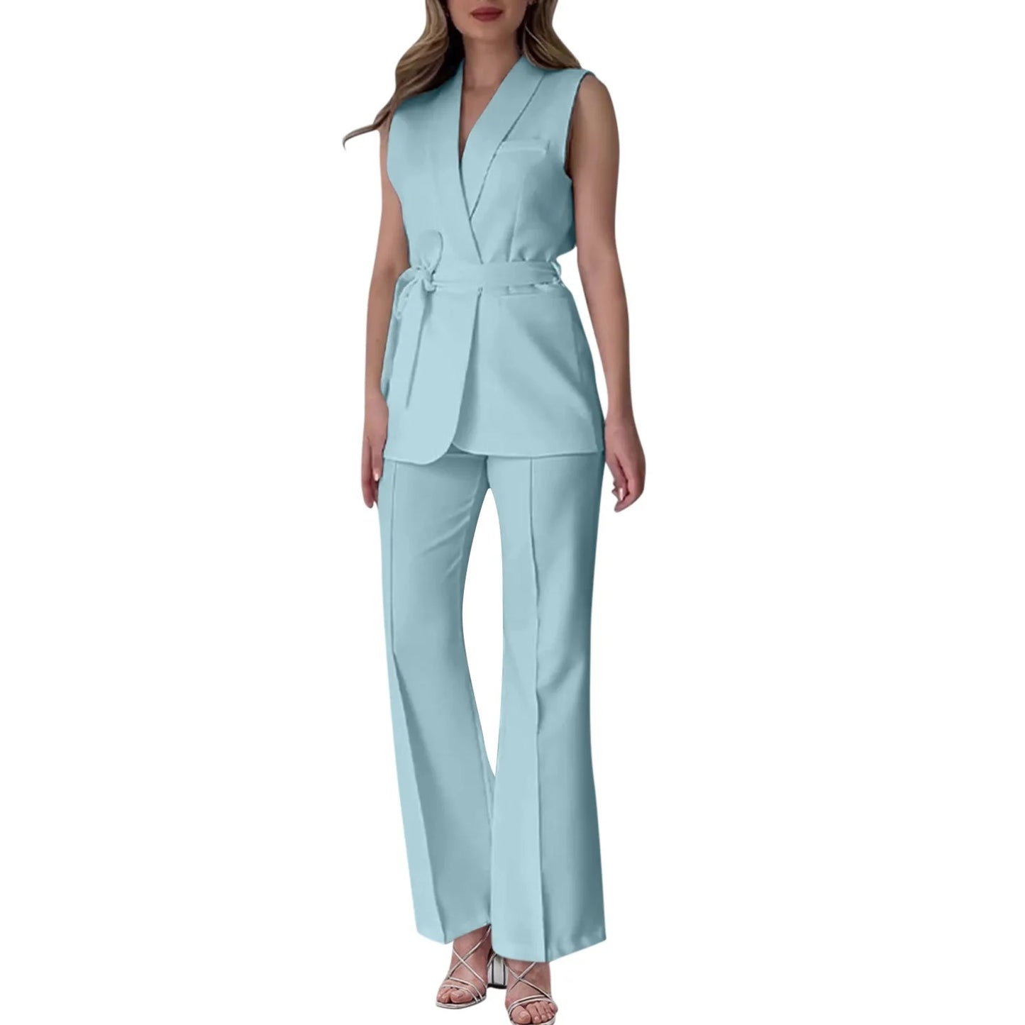 Chic Two-Piece Women's Set Button-Detail Vest with Lapel Neck & Tailored Trousers Versatile Outfit for Work and Sophisticated