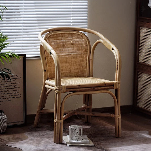Indonesian Natural Rattan Armchair Home Furniture For Elderly Woven Backrest Chair With Single Sofa For Balcony Leisure