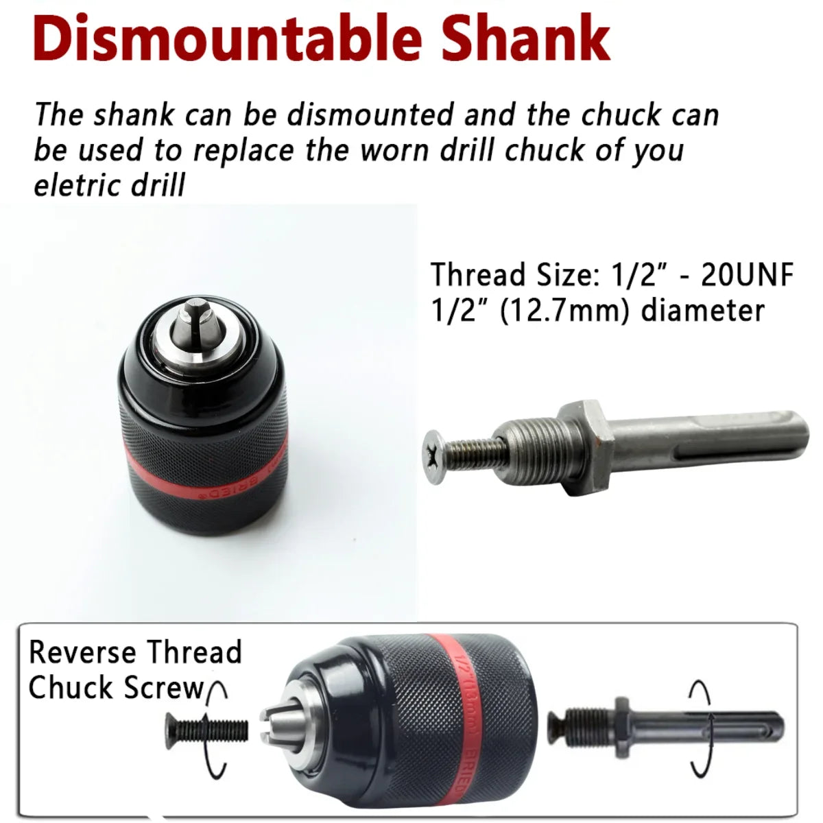 2-13mm Keyless Threaded Metal Drill Chuck, Hex Shank/SDS/Square Quick Grip Adapter, Chuck for Drill Bits Screwdriver Tap&Sockets