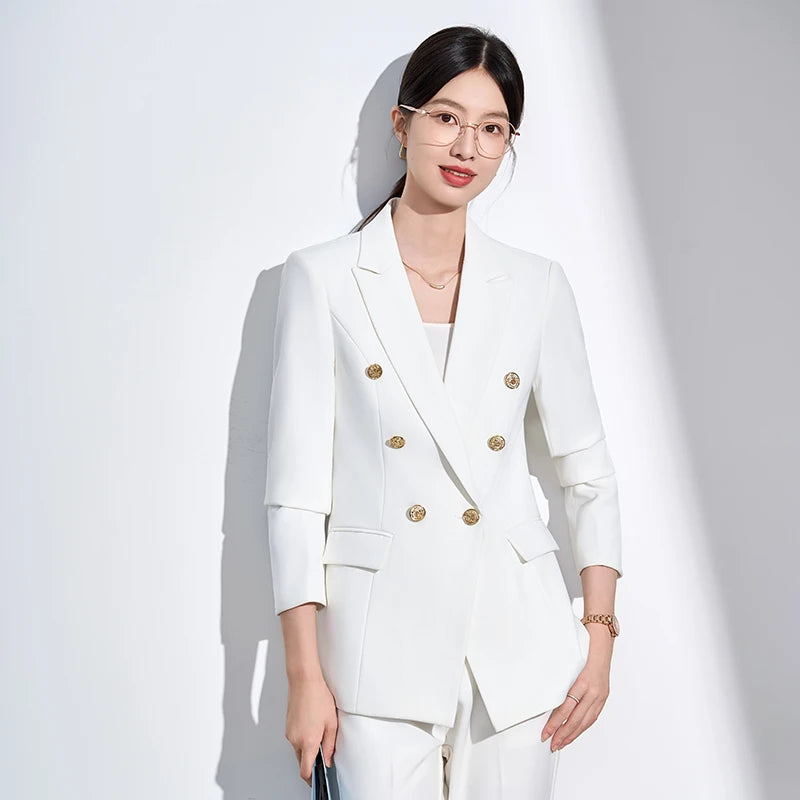 ZJYT Elegant Business Chic Blazer Suit Trousers 2 Piece Sets Woman 2025 Fall Double Breasted Jacket and Pants Sets White Outfits
