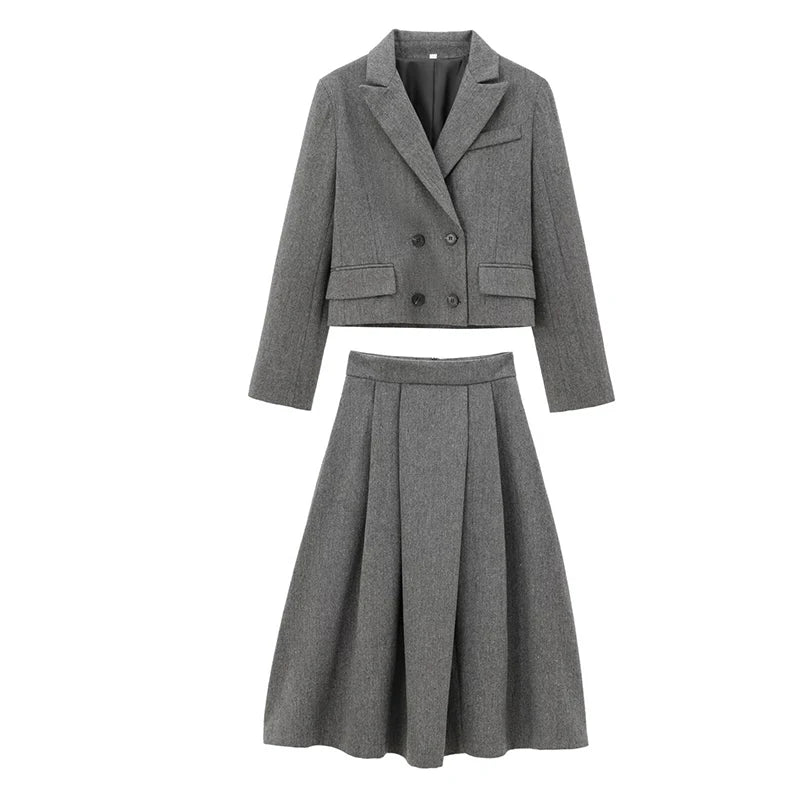 YENKYE Autumn Women Gray Double Breasted Crop Blazer Long Sleeve Lapel Collar Office Lady Elegant Suit Coat High Street Outfits