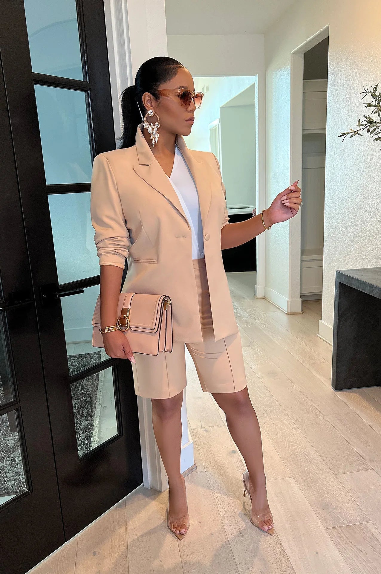 Office Lady Elegant Business Suits Solid Casual Two Piece Set For Women Matching Sets Outfits Long Sleeve Blazer Coat And Shorts