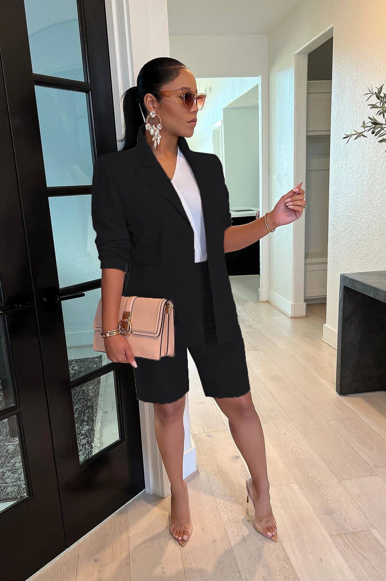 Office Lady Elegant Business Suits Solid Casual Two Piece Set For Women Matching Sets Outfits Long Sleeve Blazer Coat And Shorts