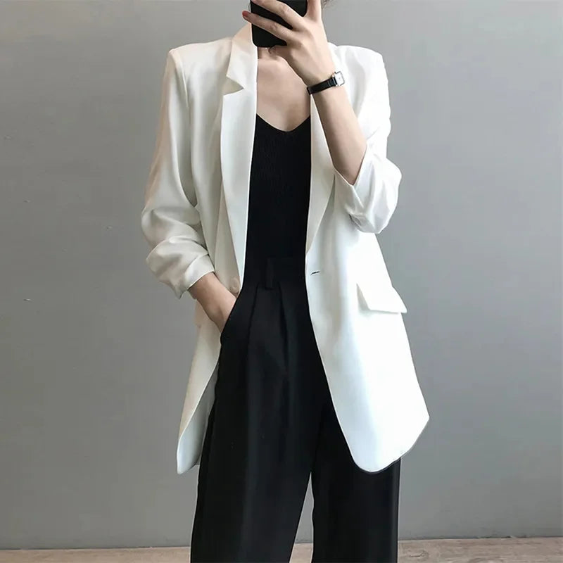 Chiffon Suit Coat Women's 2024 Summer New Korean Loose White Thin Long Blazers Jacket Solid Color Sunscreen Shirt Women Blazer