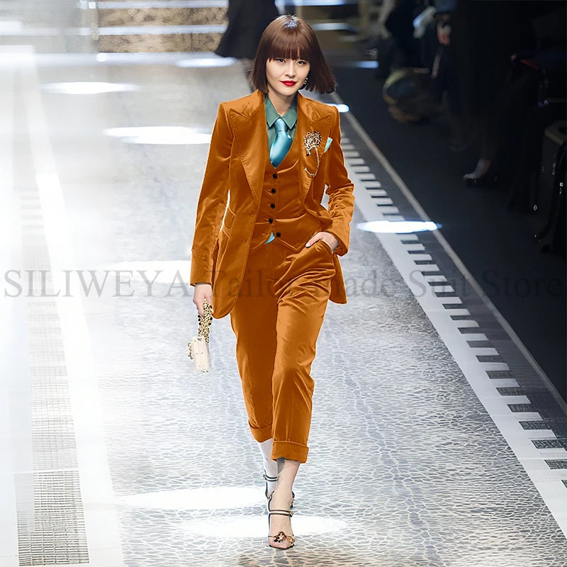 Luxury Green Velvet Winter Clothes for Women 3 Pieces Jacket Pants Vest Female Suits Formal Office Banquet Lady's Blazers Sets
