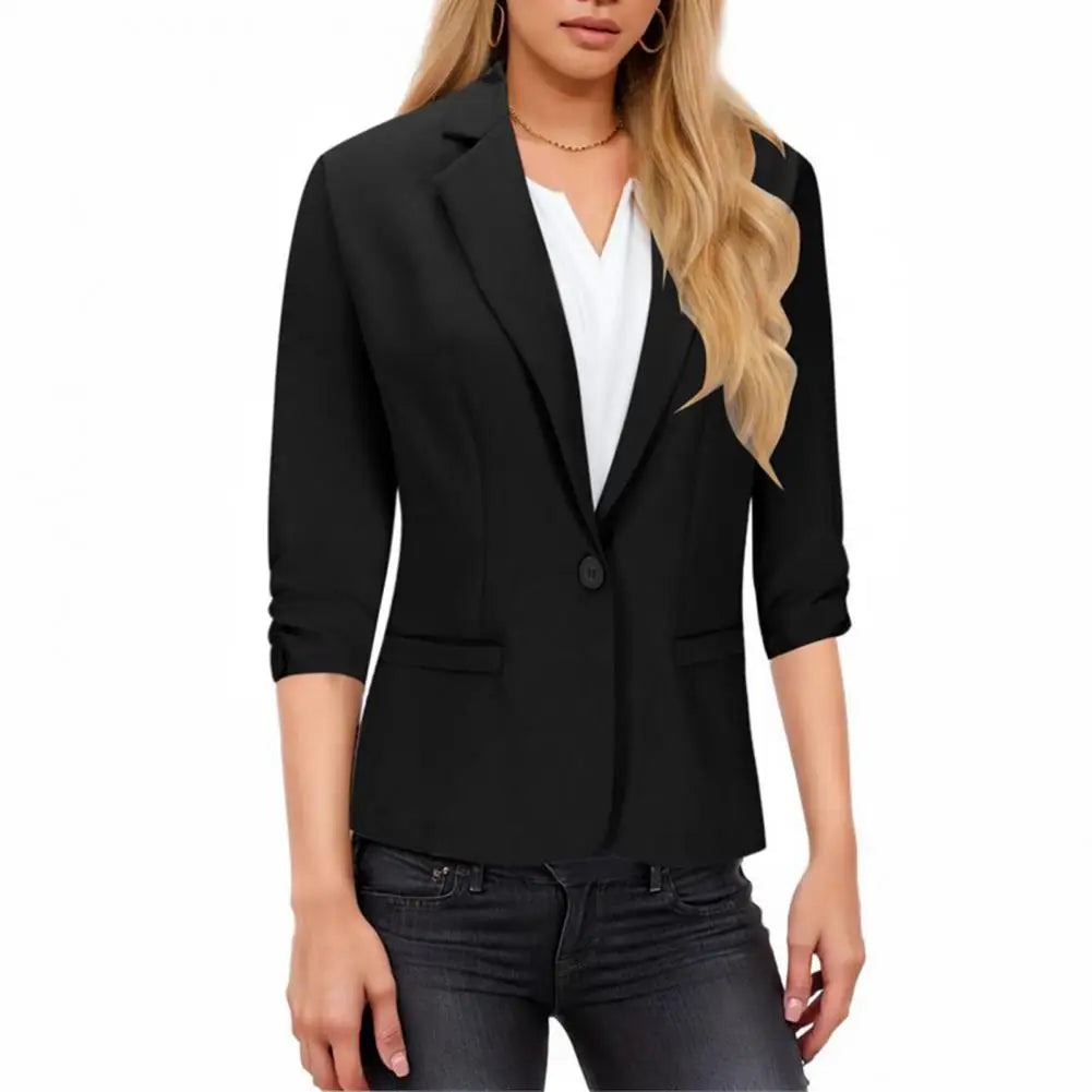Women Black Suit Coat Lapel 3/4 Sleeve Single Button Suit Jacket With Pockets Solid Color Commuting Style Business Outerwear